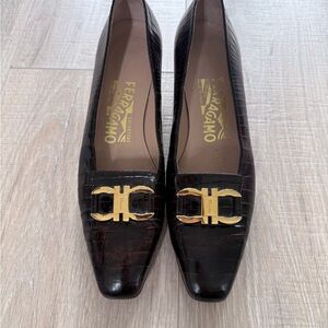 Salvatore Ferragamo Dark Brown Croc-Embossed Flats with Gold Gancini